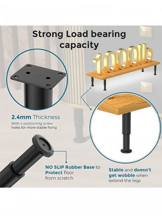 4-Piece Upgraded Metal Adjustable Furniture Legs,3.15-4.72Inch Adjustable Height Heavy Duty Cabinet Legs, Furniture Bed Frame Center Support Legs, Replacement Legs for Dresser/Sofa/Bed/Chair, Black - view 4