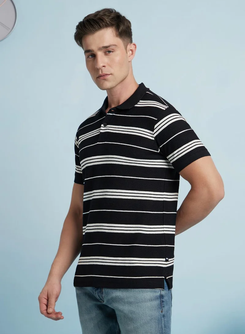 Men's Black And Off White Cotton Blend Striped Regular Fit T-Shirt
