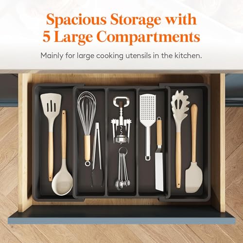 TAZLYN Polypropylene Expandable Cutlery Utensils Tray, Adjustable Multipurpose Storage for Spoons, Forks, Knives, Large (Black) - 8 Compartments, Minimalist Style, Kitchen Drawer Organizer - Image 3