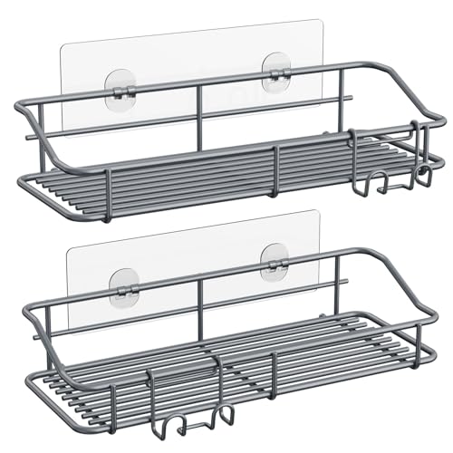 Nieifi Shower Caddy Shelf with Hooks Storage Rack Organizer Adhesive Stainless Steel Without Drilling for Bathroom, Lavatory, Washroom, Restroom, Shower, Toilet, Kitchen - 2 Pack (Gray) - Image 1