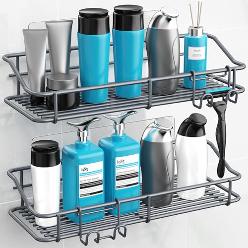 Nieifi Shower Caddy Shelf with Hooks Storage Rack Organizer Adhesive Stainless Steel Without Drilling for Bathroom, Lavatory, Washroom, Restroom, Shower, Toilet, Kitchen - 2 Pack (Gray) - Image 2