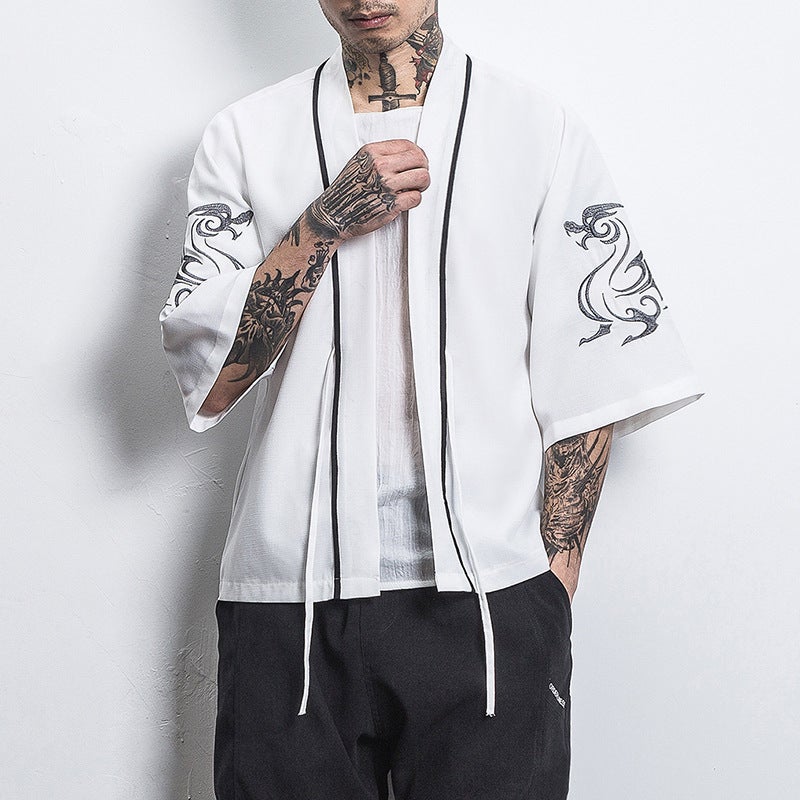 Chinese Style Shirt Mens Loose Cardigan Robe Japanese Style Dragon and Phoenix Crane Embroidery Seven-point Sleeve Hanfu Thin Coat 202 White 