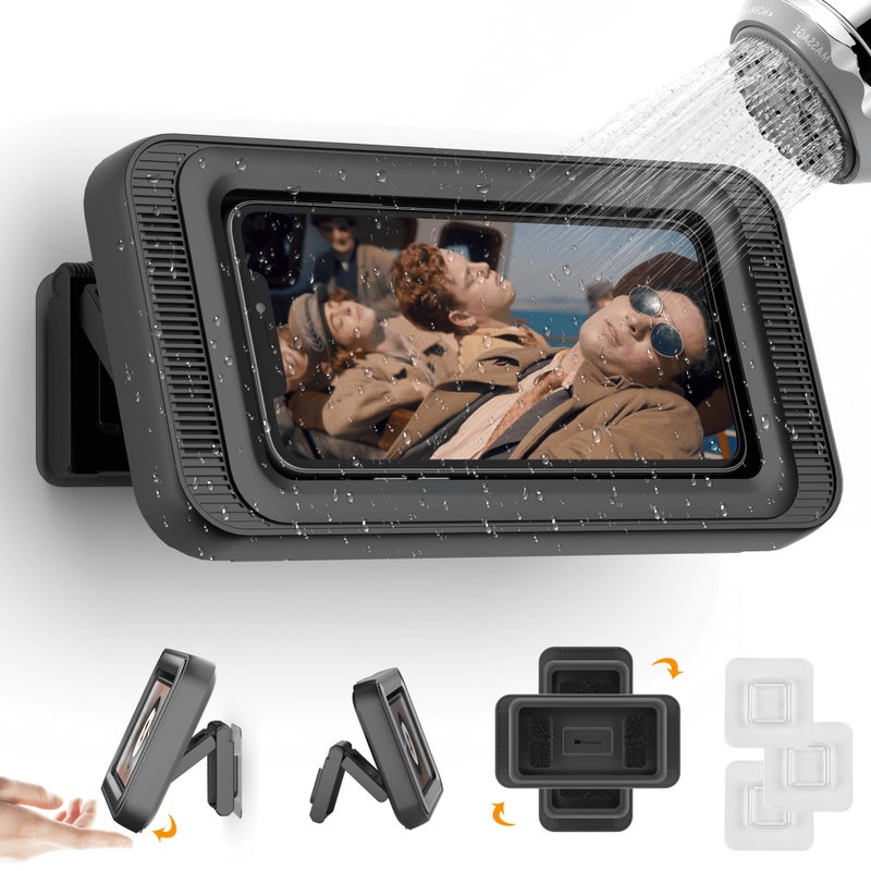 Mistriddle Waterproof Shower Phone Holder with 360Â° Rotation, Angle Adjustable, Enhanced Sound Quality, Wall Mounted Phone Holder for Bathroom Mirror Bathtub Kitchen, Up to 7 Inch (Black) - Image 1