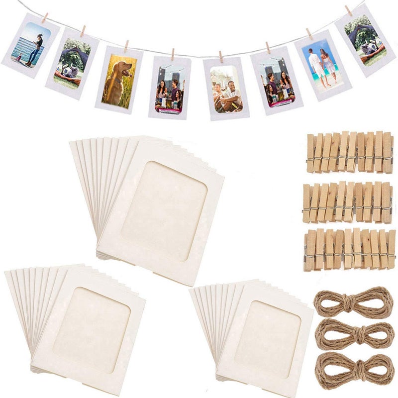 Perfect 4U 30 PCS DIY Paper Photo Frames 4x6 Picture Frame with Wooden Clips and String Hanging Cardboard Photo Frame 10x15 cm Set for Home Wall Decor White 30 Pack