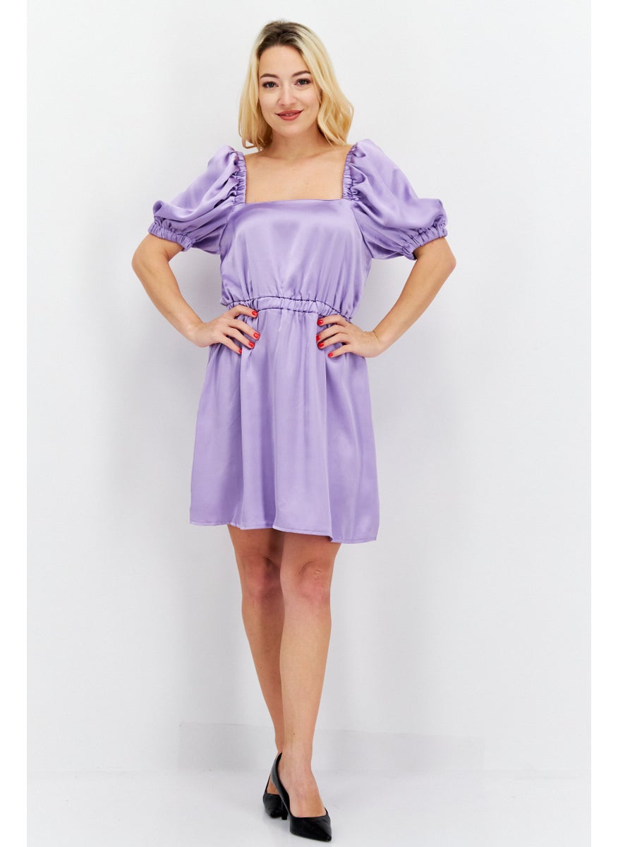 Flounce London - Women Satin Plain Mini Dress, Lilac - Image 1