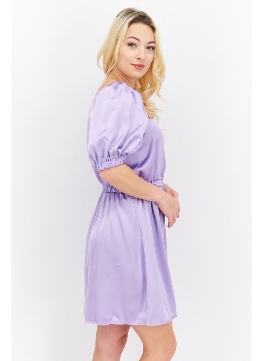 Flounce London - Women Satin Plain Mini Dress, Lilac - Image 1