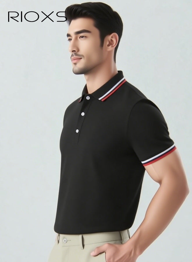 ريوكس تي شيرت بولو كلاسيكي للرجال، قميص بولو كلاسيكي، تي شيرت أسود بأكمام قصيرة محبوك مع ياقة مزينة بالألوان، زي عمل موحد بثلاثة أزرار، ملابس مكتب قابلة للتنفس، قميص بياقة كراونك بياقة كراونك لفريق العمل، زي صيفي أساسي للشركات - Image 2