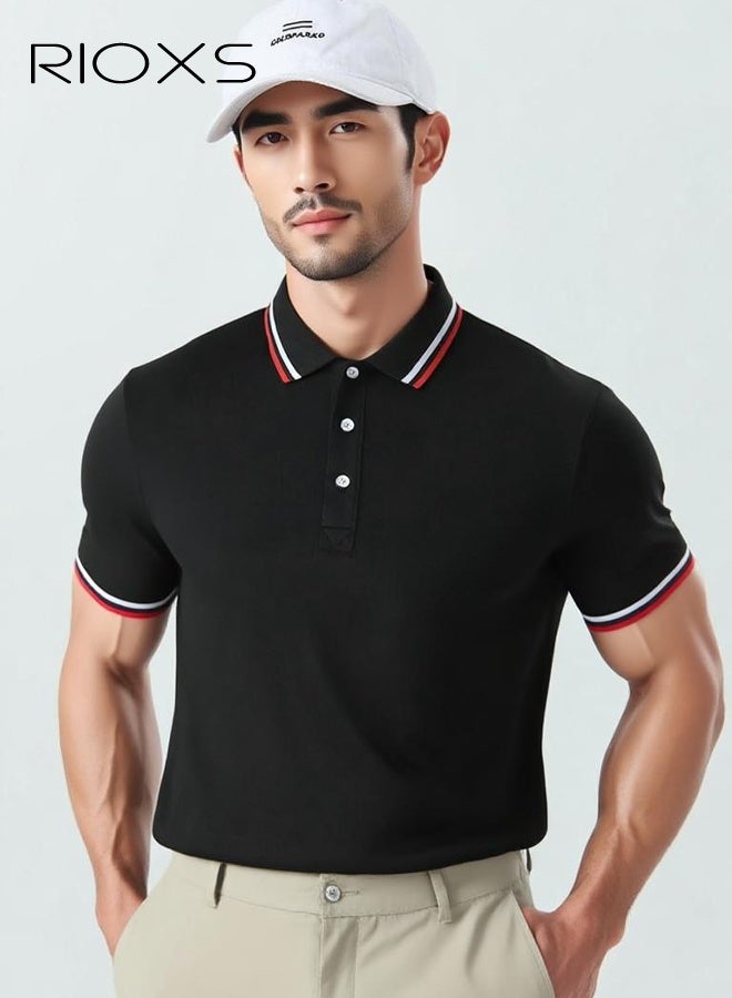 ريوكس تي شيرت بولو كلاسيكي للرجال، قميص بولو كلاسيكي، تي شيرت أسود بأكمام قصيرة محبوك مع ياقة مزينة بالألوان، زي عمل موحد بثلاثة أزرار، ملابس مكتب قابلة للتنفس، قميص بياقة كراونك بياقة كراونك لفريق العمل، زي صيفي أساسي للشركات - Image 1