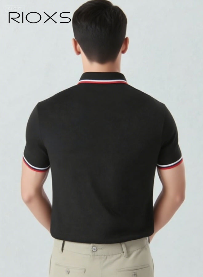ريوكس تي شيرت بولو كلاسيكي للرجال، قميص بولو كلاسيكي، تي شيرت أسود بأكمام قصيرة محبوك مع ياقة مزينة بالألوان، زي عمل موحد بثلاثة أزرار، ملابس مكتب قابلة للتنفس، قميص بياقة كراونك بياقة كراونك لفريق العمل، زي صيفي أساسي للشركات - Image 3