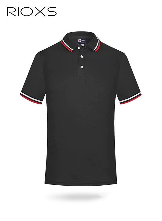 ريوكس تي شيرت بولو كلاسيكي للرجال، قميص بولو كلاسيكي، تي شيرت أسود بأكمام قصيرة محبوك مع ياقة مزينة بالألوان، زي عمل موحد بثلاثة أزرار، ملابس مكتب قابلة للتنفس، قميص بياقة كراونك بياقة كراونك لفريق العمل، زي صيفي أساسي للشركات - Image 4