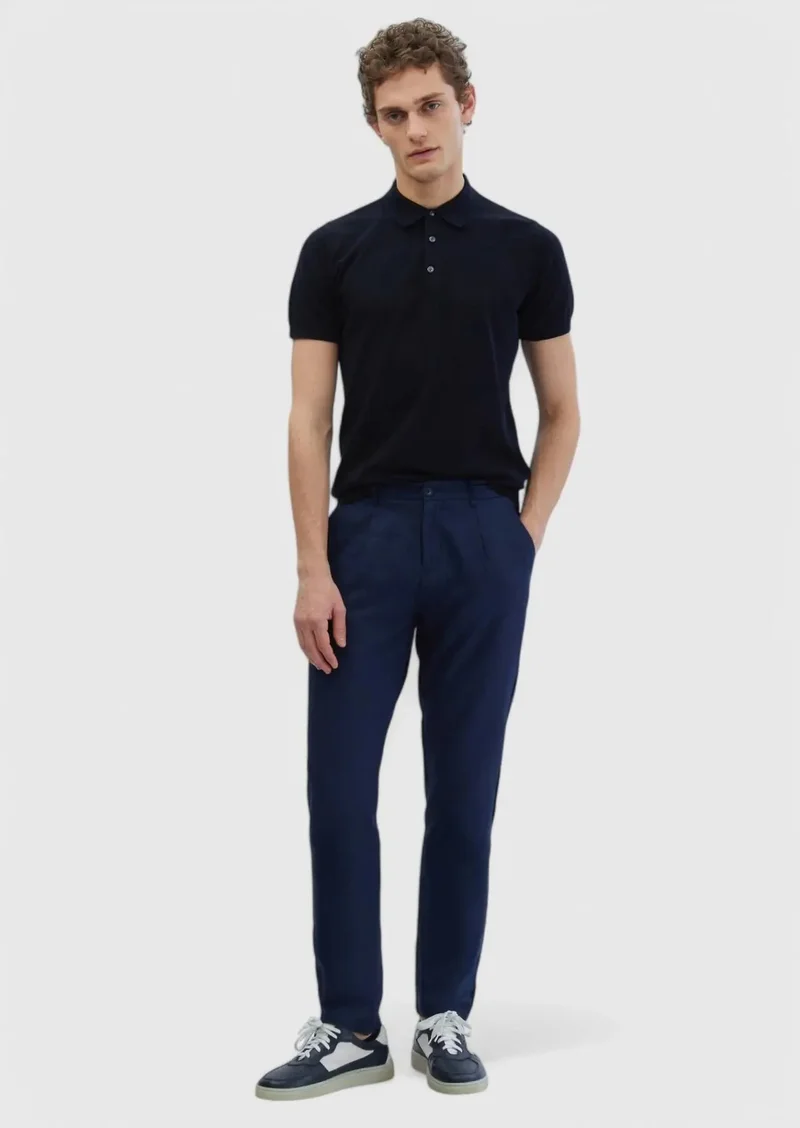 RAMSEY Navy Blue Weaving Jogging Fit Casual 100% Linen Trousers