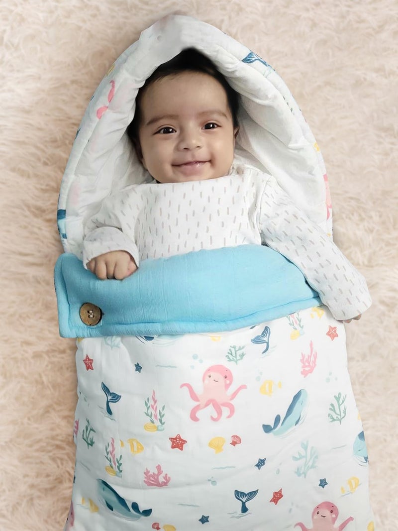 haus & kinder Haus and Kinder 3 in 1 Baby Sleeping Bag and Carry Nest | Cotton Bedding Set for Infants and New Born Baby | Portable and Travel Friendly Carrier Nest | 0-6 Months (Vitamin Sea) - Image 5