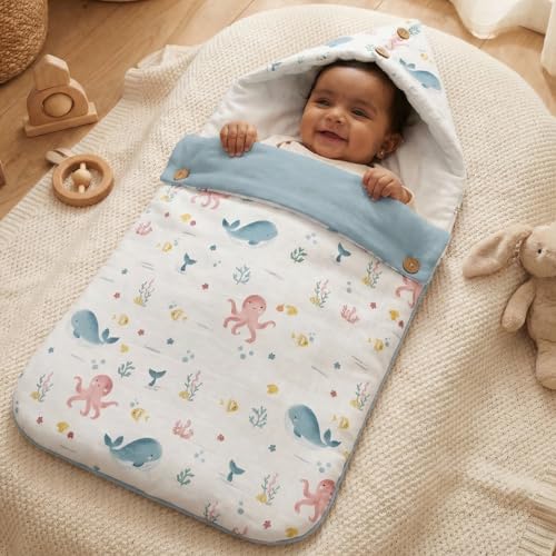 haus & kinder Haus and Kinder 3 in 1 Baby Sleeping Bag and Carry Nest | Cotton Bedding Set for Infants and New Born Baby | Portable and Travel Friendly Carrier Nest | 0-6 Months (Vitamin Sea) - Image 1