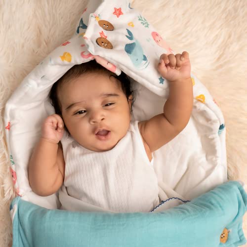 haus & kinder Haus and Kinder 3 in 1 Baby Sleeping Bag and Carry Nest | Cotton Bedding Set for Infants and New Born Baby | Portable and Travel Friendly Carrier Nest | 0-6 Months (Vitamin Sea) - Image 3