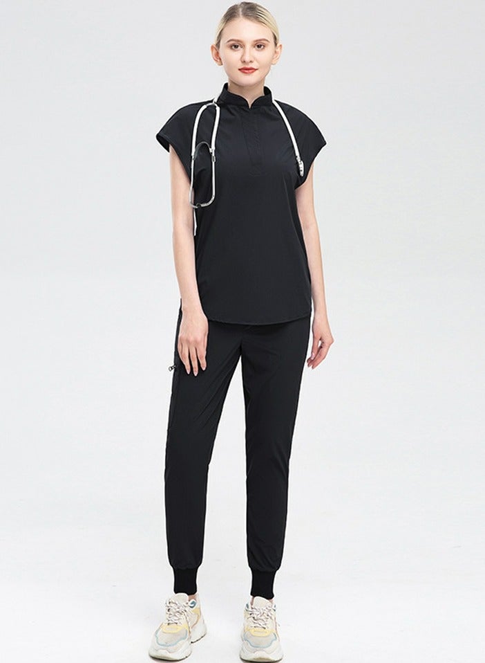 Loquat Womens Fashion Medical Uniform Scrubs 2 Piece Set Stand Collar Top and Elastic Waist Jogger Pants Suit Black  - Image 1
