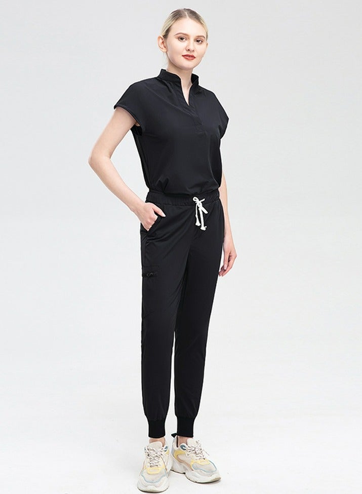 Loquat Womens Fashion Medical Uniform Scrubs 2 Piece Set Stand Collar Top and Elastic Waist Jogger Pants Suit Black  - Image 2
