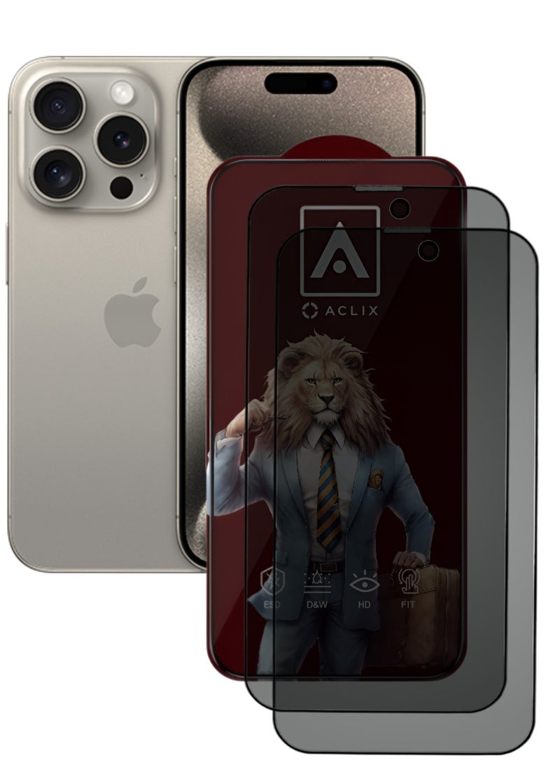 ACLIX 2 Pieces Antistatic ESD Dustproof Premium Quality High Definition Anti-Spy Privacy Tempered Glass Screen Protector Designed For  iPhone 15 Pro - Image 1