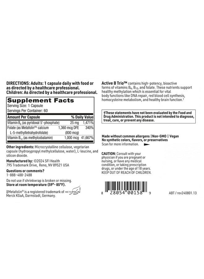 Klaire Labs Klaire Labs SFI Health Active B Trio - Methylated Vitamin B Complex with B6, B12 & Folate - Bioactive Vitamins for Enhanced Absorption - Promote Healthy Energy & Cognition (60 Capsules) - Image 5