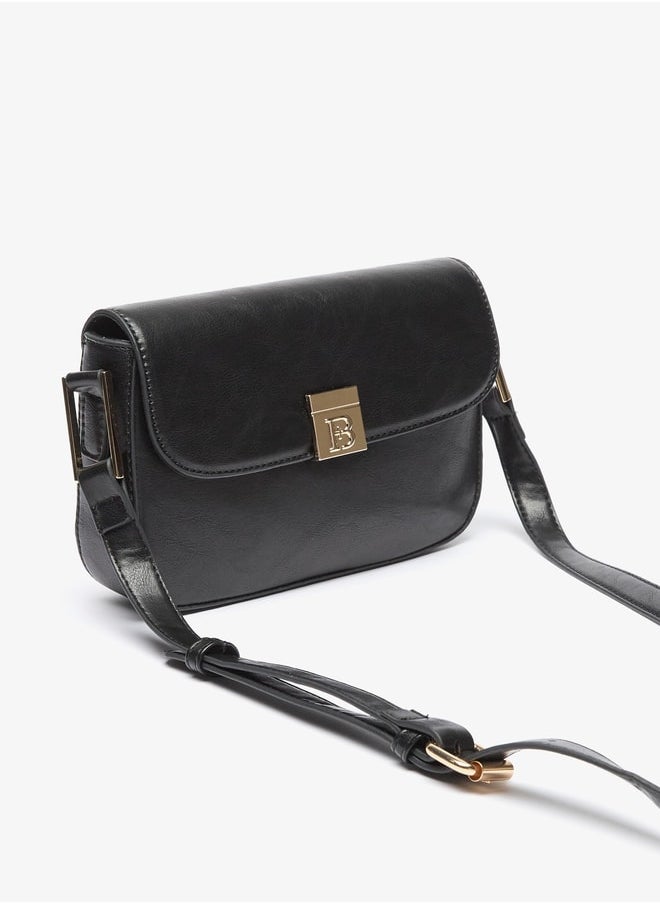 Flora Bella By Shoexpress Logo Print Crossbody Bag with Adjustable Strap and Magnetic Closure  - Image 2