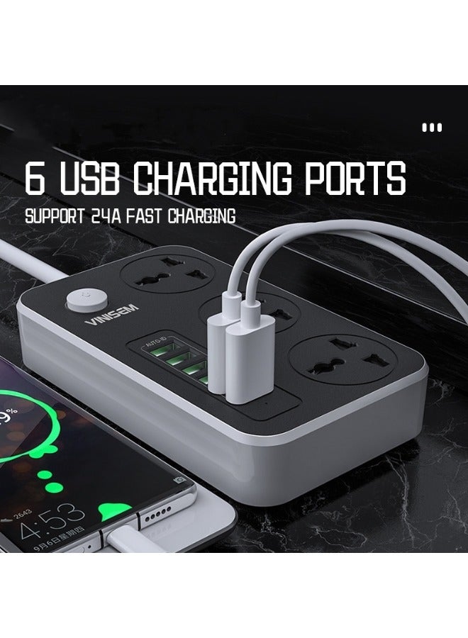 مشترك كهرباء متعدد الوظائف مع 6 منافذ USB و3 مقابس سلك طاقة 2 متر - Image 2