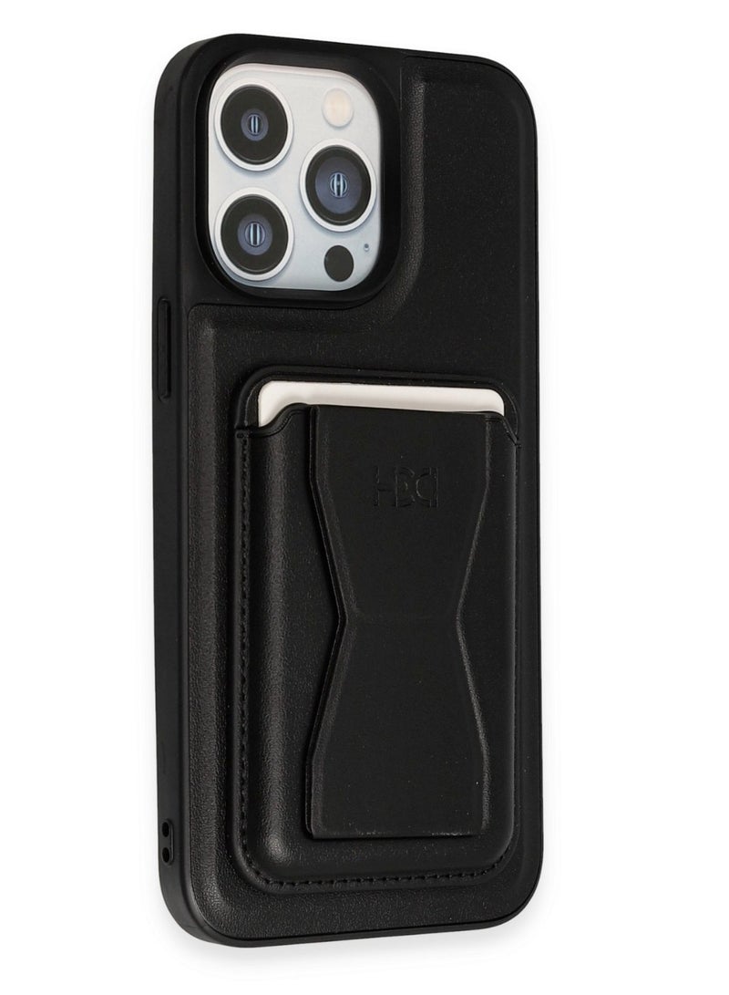 حافظة خلفية لهاتف آيفون 15 برو ماكس مع حامل بطاقة محفظة وغطاء بمسند مغناطيسي لهاتف 15 برو ماكس أسود - Image 1