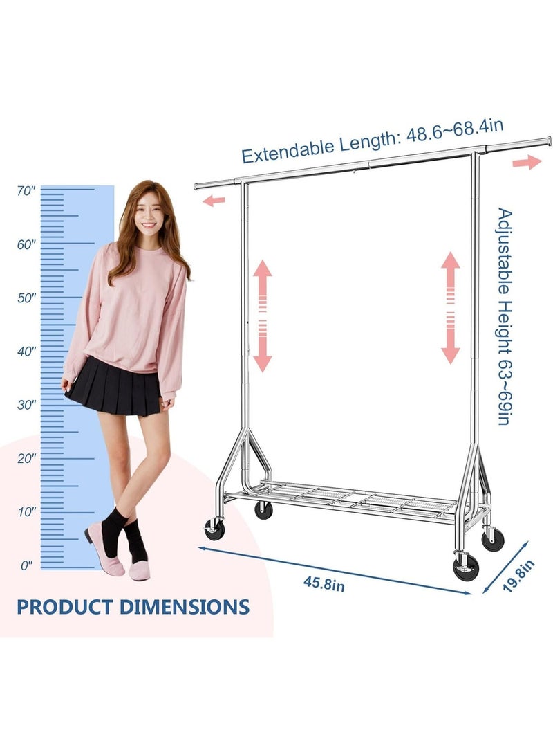 Forthcan Clothes Rail, Heavy Duty Clothes Rail with Wheels, 204kg Capacity, Freestanding Clothing Rail with Storage Shelves, Extendable Clothes Rack Coat Rail, (127-159-190) W x 55D x (165-178) H cm - Image 2