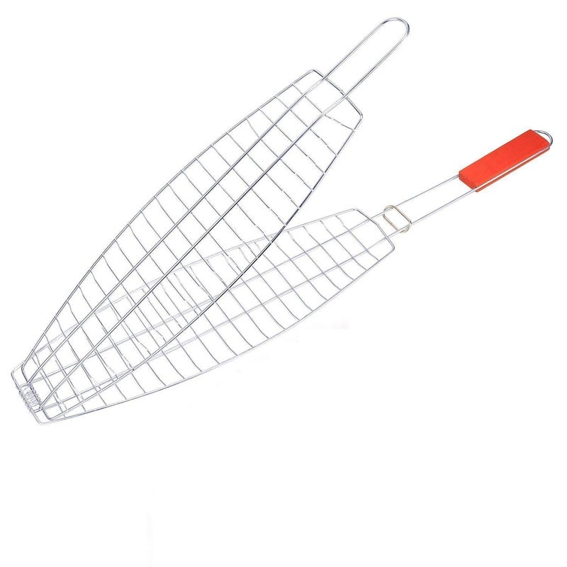 LOMESH Barbeque Fish Grill Net Basket with Wooden Handle BBQ Clip Folder Single Meat Fish BBQ Tool 15 x 1 x 67cm Silver - Image 1
