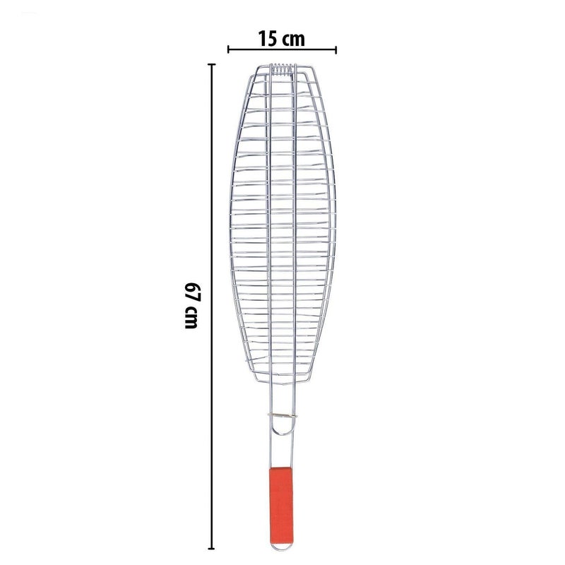 LOMESH Barbeque Fish Grill Net Basket with Wooden Handle BBQ Clip Folder Single Meat Fish BBQ Tool 15 x 1 x 67cm Silver - Image 2