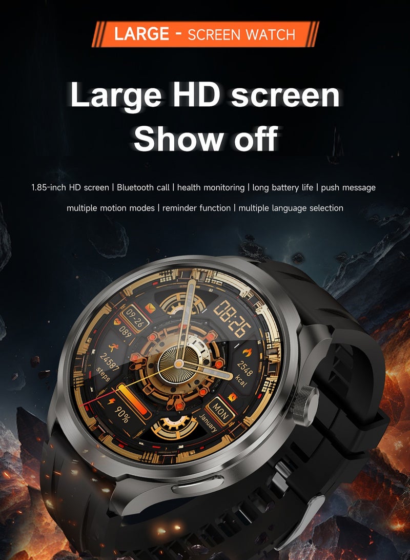 RollsTimi  Men's Fashion Smart watch, 1.85inch HD Full Display, Heart Sleep Monitor, Intelligent Bluetooth Call, Voice Assistant, IP67 Waterproof Fitness Smartwatch, DK69 Tape Black - Image 2