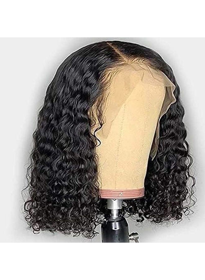 Forawme 150% Density Water Wave Pre Plucked Front Lace Wigs Human Hair 14 Inch Natural Black Brazilian Virgin Real Hair Glueless Bob Lace Wig Natural Hairline (13X6 Frontal Lace) - Image 3