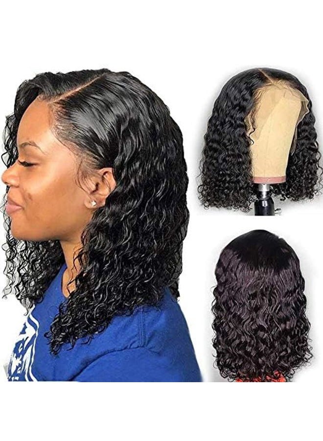 Forawme 150% Density Water Wave Pre Plucked Front Lace Wigs Human Hair 14 Inch Natural Black Brazilian Virgin Real Hair Glueless Bob Lace Wig Natural Hairline (13X6 Frontal Lace) - Image 2
