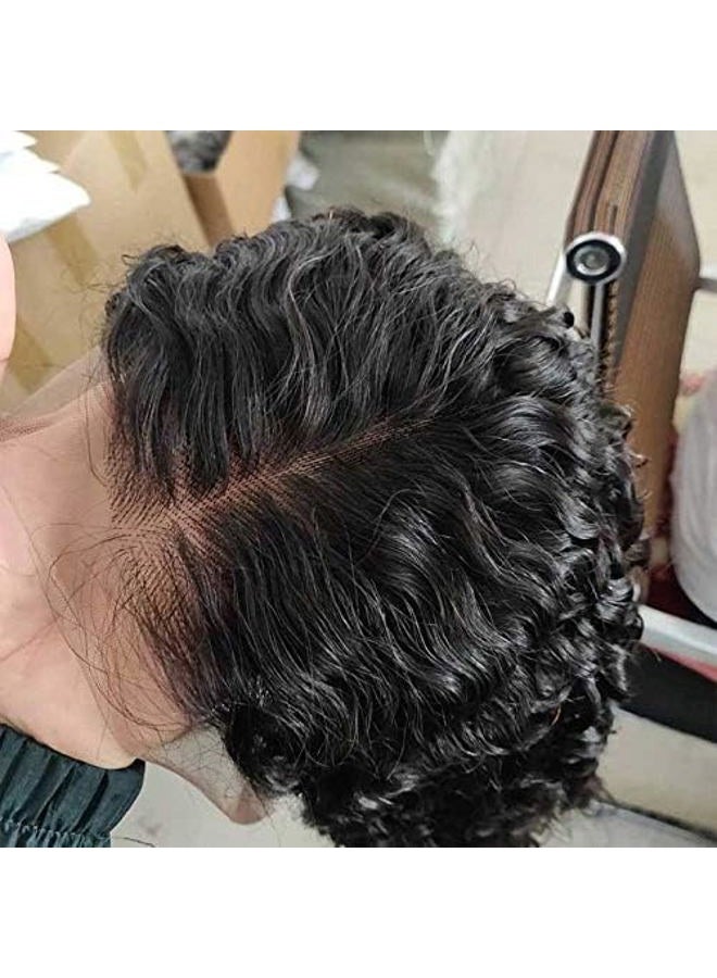 Forawme 150% Density Water Wave Pre Plucked Front Lace Wigs Human Hair 14 Inch Natural Black Brazilian Virgin Real Hair Glueless Bob Lace Wig Natural Hairline (13X6 Frontal Lace) - Image 5