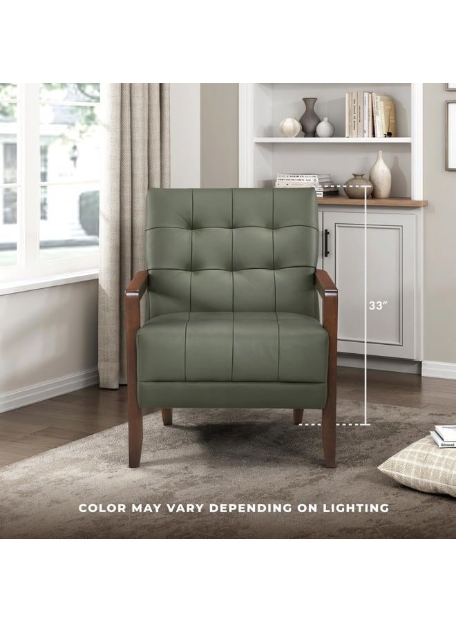 Lexicon Modern Accent Chair, Luxury Genuine Leather Living Room Chair with Tufted Cushions, Solid Wood Frame and Arm Rest, Comfy Upholstered Single Seat for Bedroom/Reading/Office, Green - Image 5