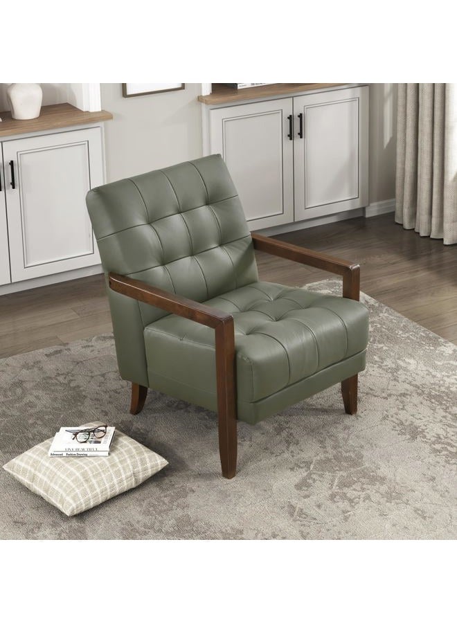 Lexicon Modern Accent Chair, Luxury Genuine Leather Living Room Chair with Tufted Cushions, Solid Wood Frame and Arm Rest, Comfy Upholstered Single Seat for Bedroom/Reading/Office, Green - Image 1