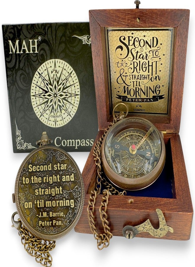 MAH Brass Compass with “Second Star to the Right” Embossed Dial – Inspirational Pocket Compass Gift for Son, Daughter, or Friend | Motivational Keepsake for Graduation, Birthday, Christmas, or Travel gift - Image 1