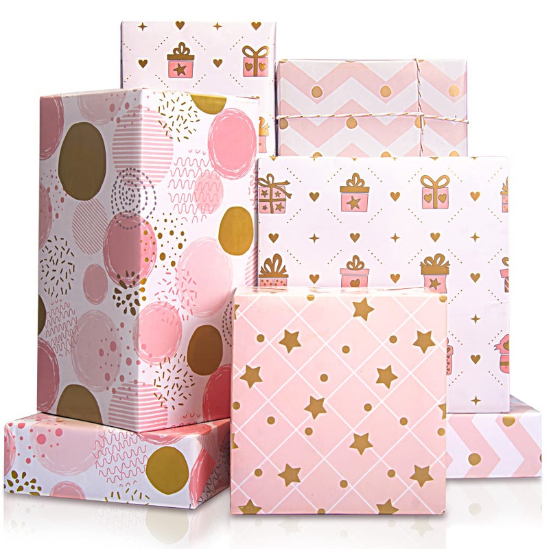 Larcenciel Wrapping Paper for Girl, Metallic Gold Foil Wrapping Paper, Pink Gift Wrap for Birthday, Valentines Day, Christmas, Wedding, Baby Shower,4 Sheets 27.5x19.6inch - Image 1