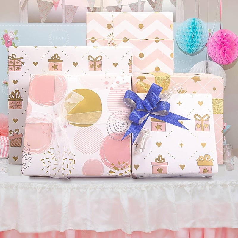 Larcenciel Wrapping Paper for Girl, Metallic Gold Foil Wrapping Paper, Pink Gift Wrap for Birthday, Valentines Day, Christmas, Wedding, Baby Shower,4 Sheets 27.5x19.6inch - Image 2