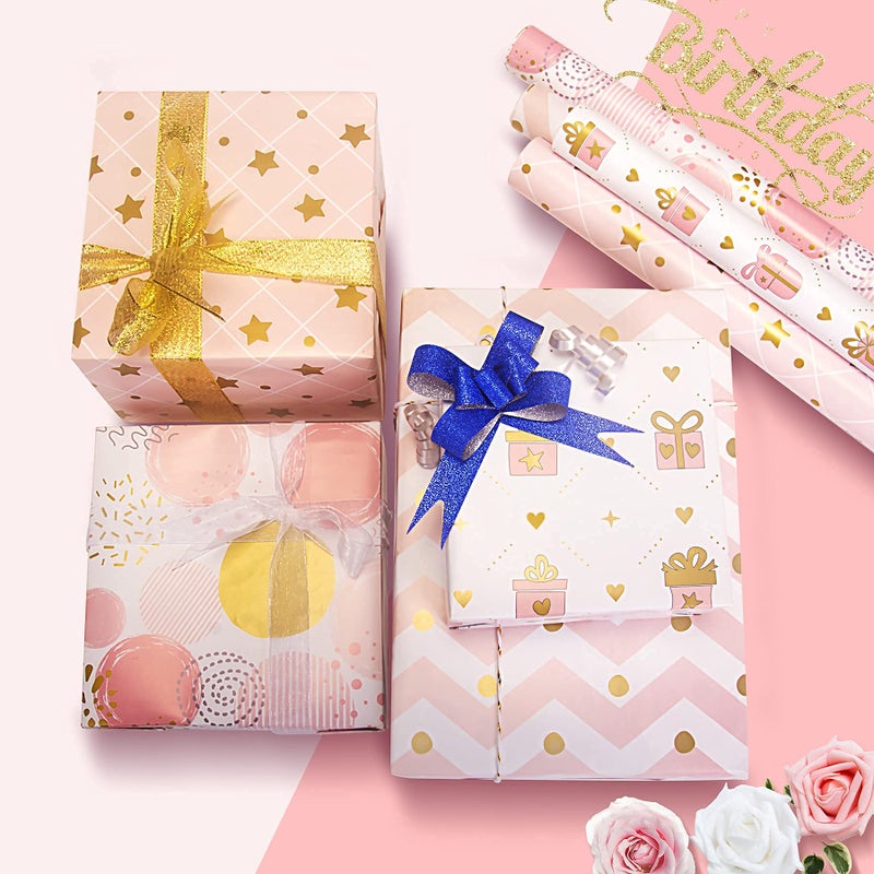 Larcenciel Wrapping Paper for Girl, Metallic Gold Foil Wrapping Paper, Pink Gift Wrap for Birthday, Valentines Day, Christmas, Wedding, Baby Shower,4 Sheets 27.5x19.6inch - Image 5