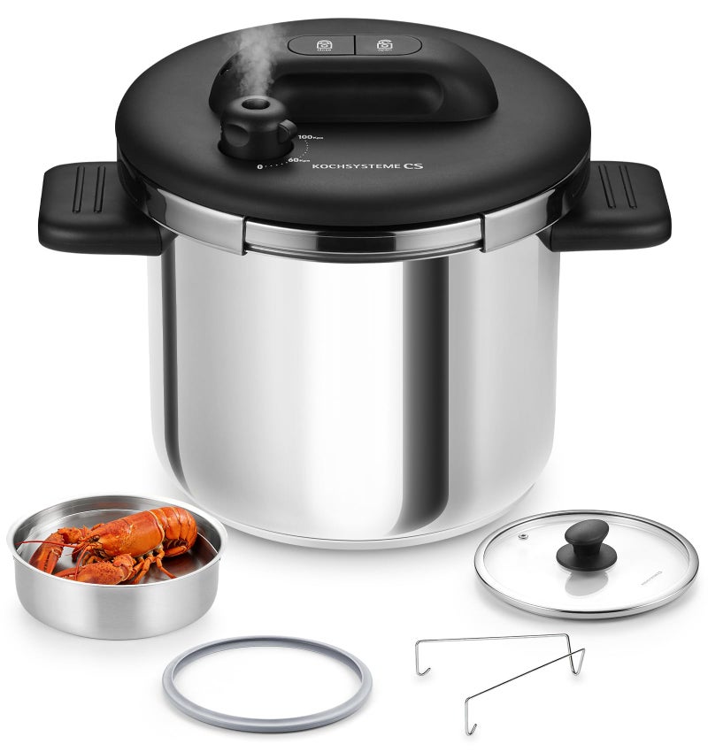 KOCH SYSTEME CS Stainless Steel Pressure Cooker 6.3 QT, Olla de Presion, Easy One-Press Lock, 3 PSI Settings Stovetop Pressure Cookers, Save 70% Time, Induction Compatible, Glass Lid & Steamer Rack - Image 1