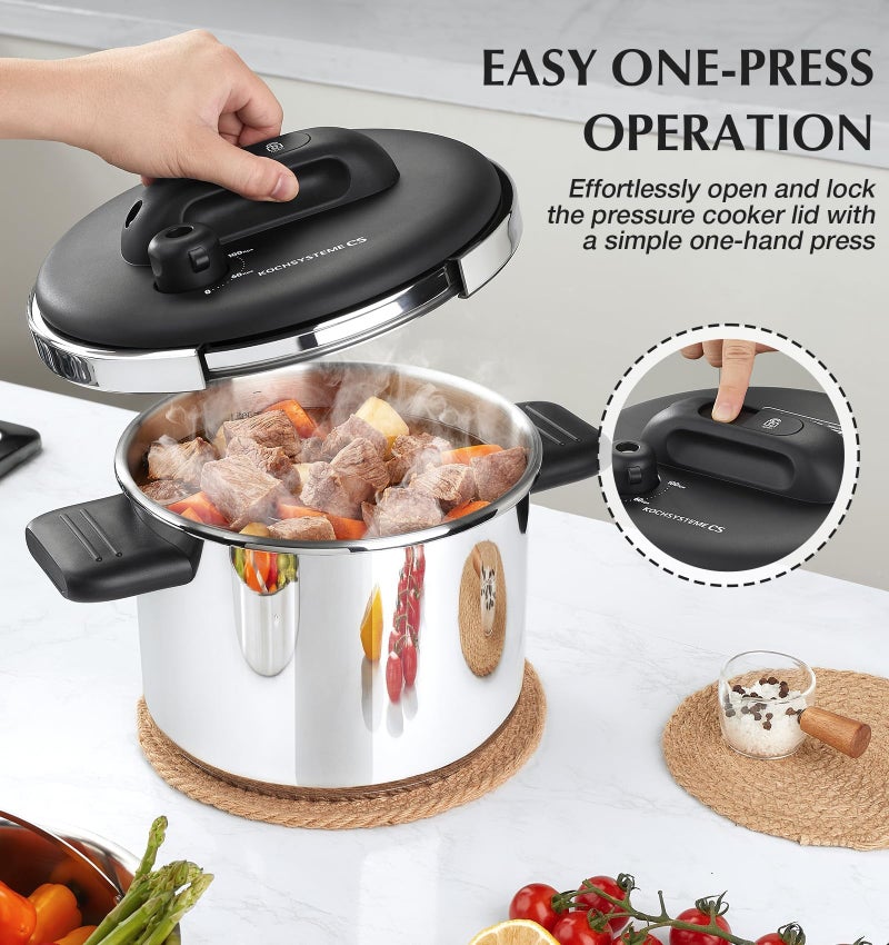 KOCH SYSTEME CS Stainless Steel Pressure Cooker 6.3 QT, Olla de Presion, Easy One-Press Lock, 3 PSI Settings Stovetop Pressure Cookers, Save 70% Time, Induction Compatible, Glass Lid & Steamer Rack - Image 2