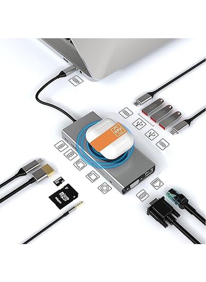 General Wireless Charging USB C Docking Station 13-in-1 HDMI Monitor Laptop USB C Hub Multiport Adapter with HDMI VGA PD 100W USB 3.0 2.0 SD TF RJ45 Audio Jack for Dell HP Lenovo ASUS Microsoft  - Image 1