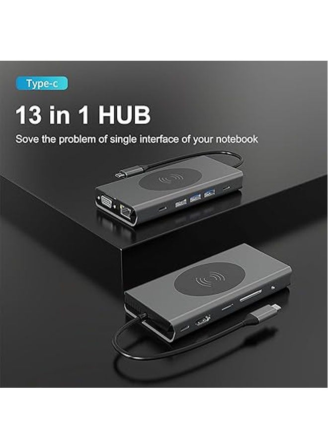 General Wireless Charging USB C Docking Station 13-in-1 HDMI Monitor Laptop USB C Hub Multiport Adapter with HDMI VGA PD 100W USB 3.0 2.0 SD TF RJ45 Audio Jack for Dell HP Lenovo ASUS Microsoft  - Image 3