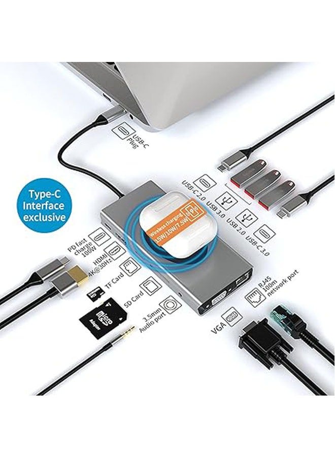 General Wireless Charging USB C Docking Station 13-in-1 HDMI Monitor Laptop USB C Hub Multiport Adapter with HDMI VGA PD 100W USB 3.0 2.0 SD TF RJ45 Audio Jack for Dell HP Lenovo ASUS Microsoft  - Image 5