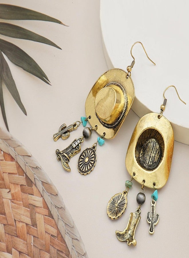 RechicGu Vintage Western Big Cowboy Hat Earrings for Women, Turquoise Cactus Navajo Pearl Boots Boho Country Concert Outfit Concho Drop Dangle Earrings,Vintage Golden Color - Image 5