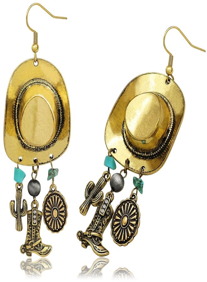 RechicGu Vintage Western Big Cowboy Hat Earrings for Women, Turquoise Cactus Navajo Pearl Boots Boho Country Concert Outfit Concho Drop Dangle Earrings,Vintage Golden Color - Image 1