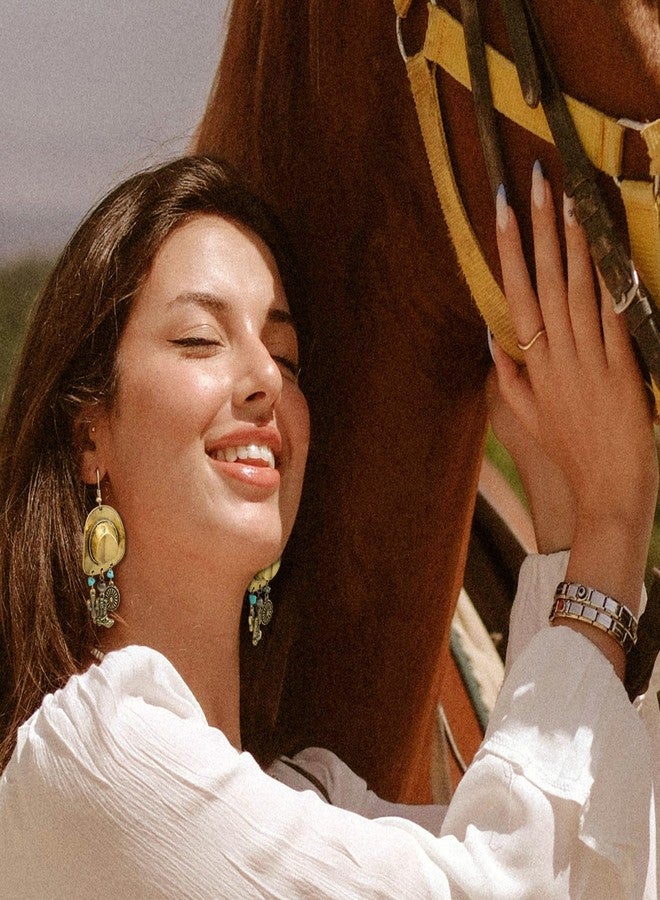 RechicGu Vintage Western Big Cowboy Hat Earrings for Women, Turquoise Cactus Navajo Pearl Boots Boho Country Concert Outfit Concho Drop Dangle Earrings,Vintage Golden Color - Image 2