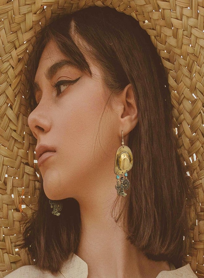 RechicGu Vintage Western Big Cowboy Hat Earrings for Women, Turquoise Cactus Navajo Pearl Boots Boho Country Concert Outfit Concho Drop Dangle Earrings,Vintage Golden Color - Image 3