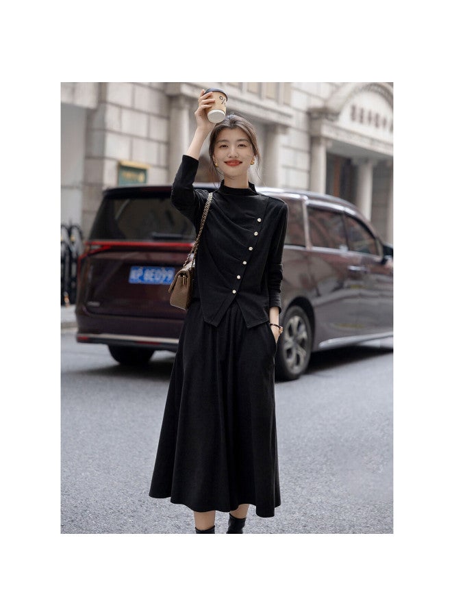 Dme Autumn Elegant Semi-turtleneck Wrinkled Button-up Top With Elastic Waist Skirt Two-piece Set - Image 2