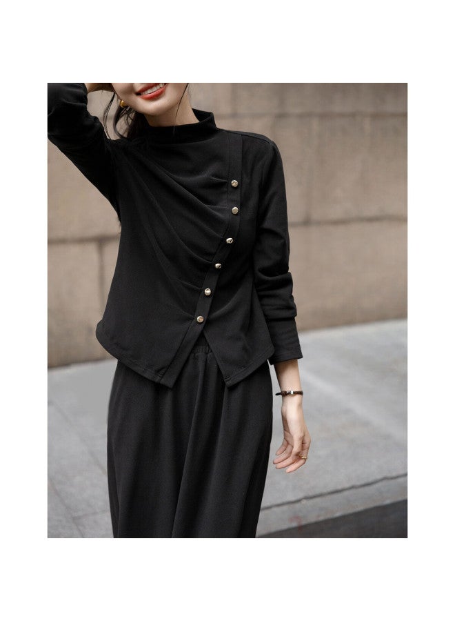 Dme Autumn Elegant Semi-turtleneck Wrinkled Button-up Top With Elastic Waist Skirt Two-piece Set - Image 4
