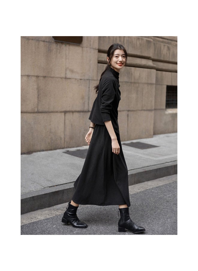 Dme Autumn Elegant Semi-turtleneck Wrinkled Button-up Top With Elastic Waist Skirt Two-piece Set - Image 5